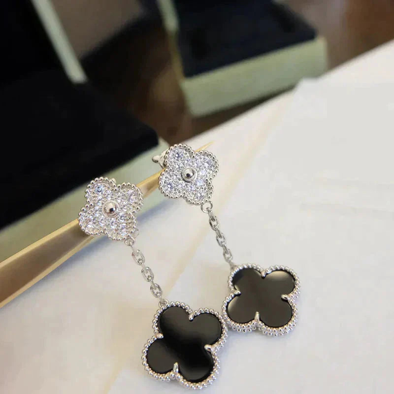 [Star Jewelry]CLOVER 2 MOTIFS  DIAMOND ONYX EARRINGS SILVER