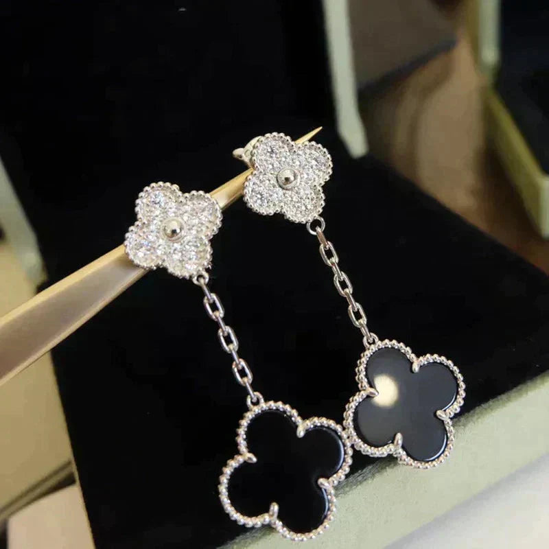 [Star Jewelry]CLOVER 2 MOTIFS  DIAMOND ONYX EARRINGS SILVER