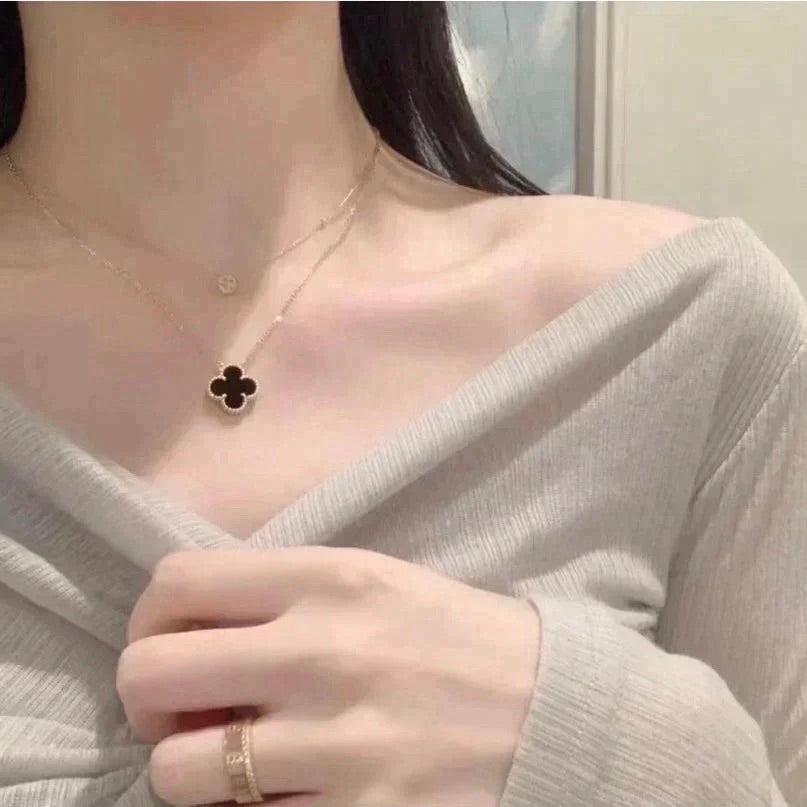 [Star Jewelry]CLOVER 15MM BLACK ONYX SINGLE FLOWER NECKLACE