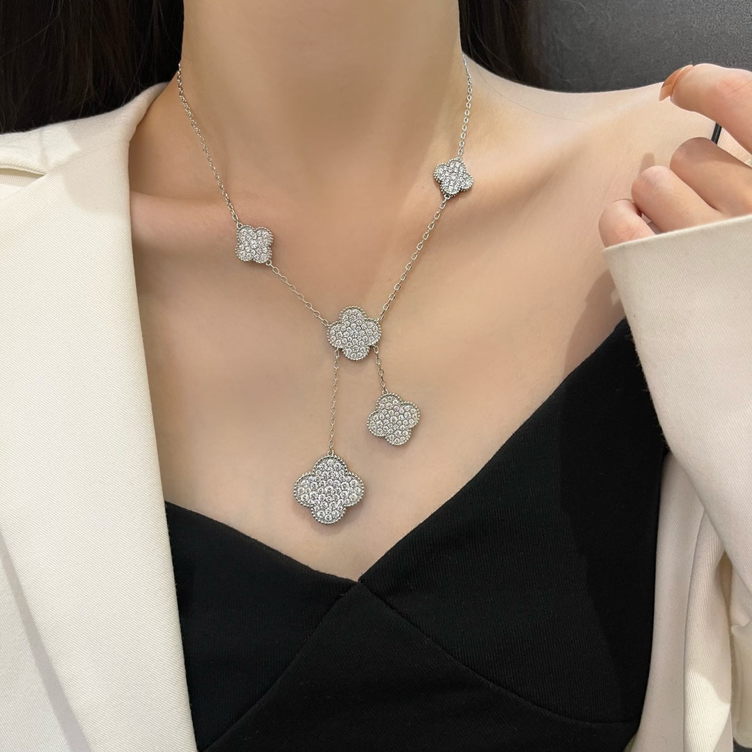 [Star Jewelry]CLOVER 5 MOTIFS SILVER DIAMONDS NECKLACE