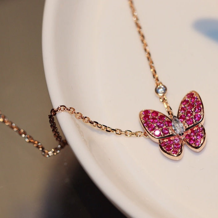 [Star Jewelry]BUTTERFLY RED DIAMOND ROSE GOLD NECKLACE