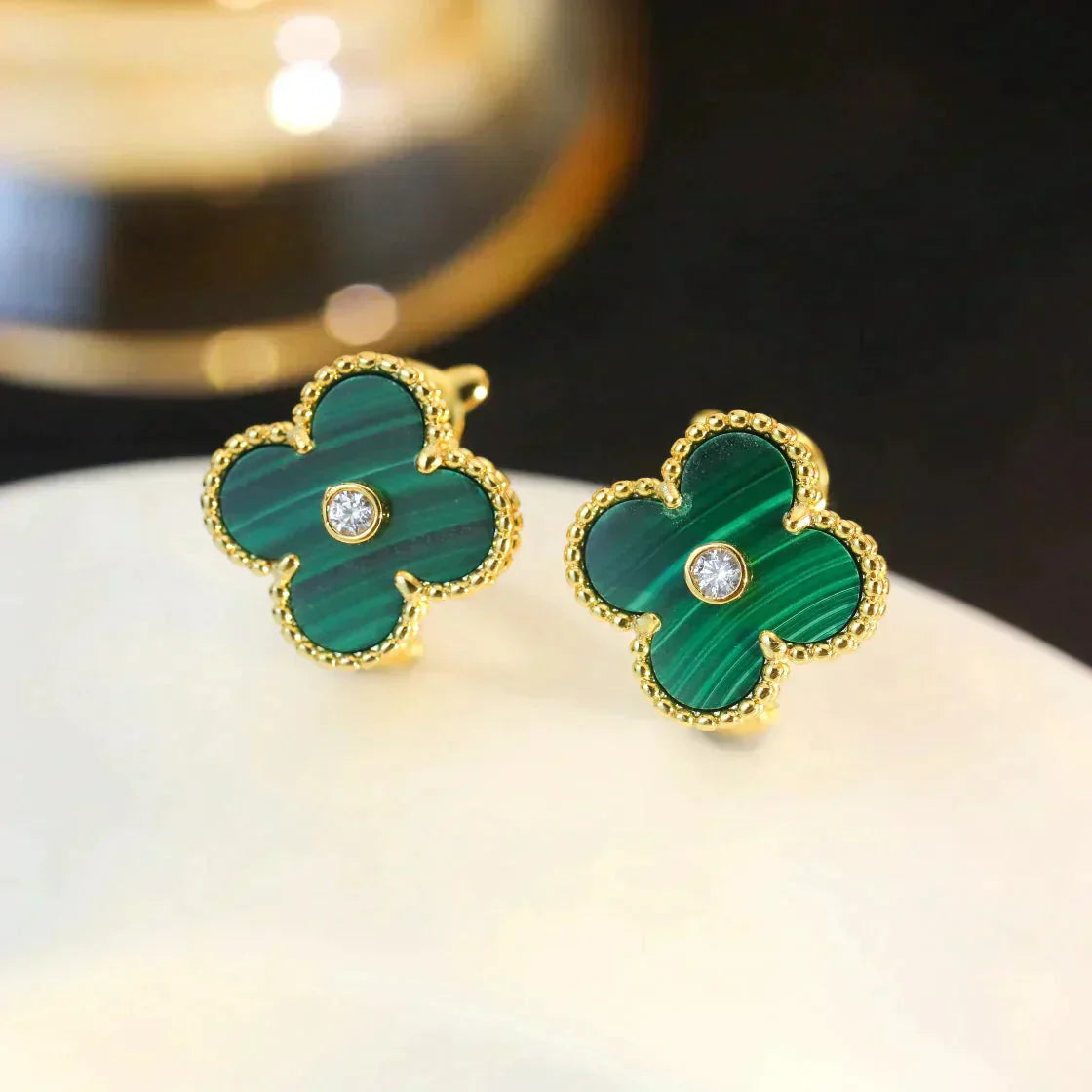 [Star Jewelry]CLOVER MEDIUM 1 MOTIFS MALACHITE DIAMOND EARRINGS