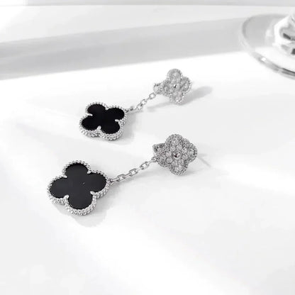 [Star Jewelry]CLOVER 2 MOTIFS  DIAMOND ONYX EARRINGS SILVER