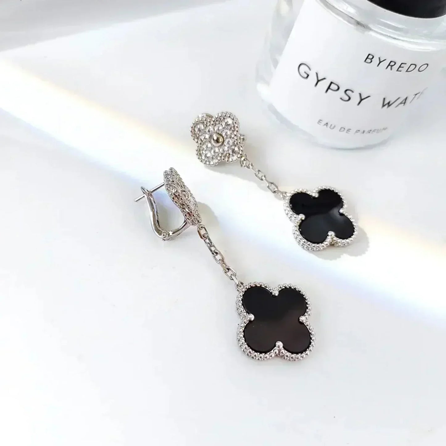 [Star Jewelry]CLOVER 2 MOTIFS  DIAMOND ONYX EARRINGS SILVER