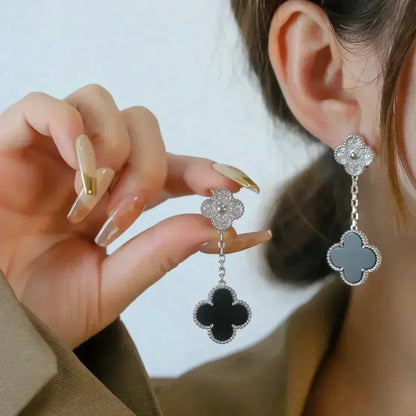 [Star Jewelry]CLOVER 2 MOTIFS  DIAMOND ONYX EARRINGS SILVER