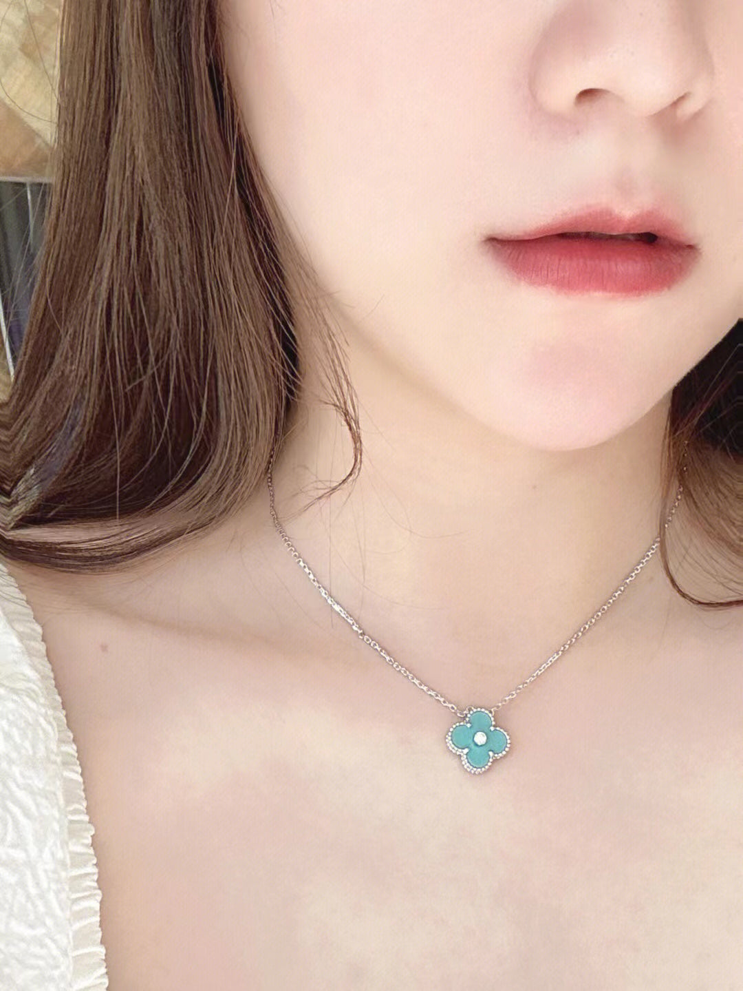 [Star Jewelry]CLOVER 1 DIAMOND LIGHT BLUE SILVER NECKLACE
