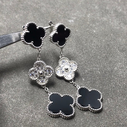 [Star Jewelry]CLOVER 3 MOTIF DIAMOND ONYX SILVER EARRINGS