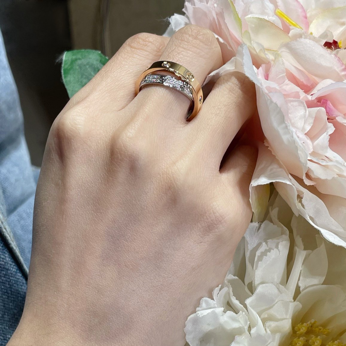 [Star Jewelry]LOVE PINK GOLD SILVER DIAMOND DOUBLE RING