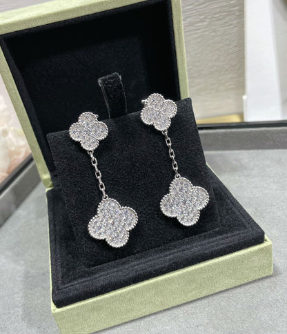 [Star Jewelry]CLOVER 2 MOTIFS DIAMOND PAVED SILVER EARRINGS