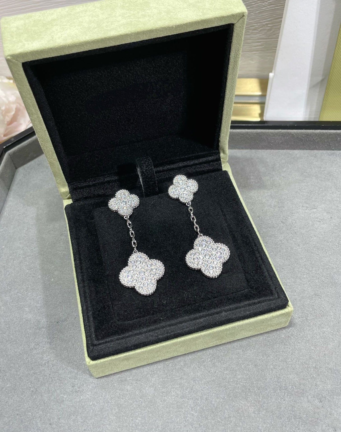 [Star Jewelry]CLOVER 2 MOTIFS DIAMOND PAVED SILVER EARRINGS