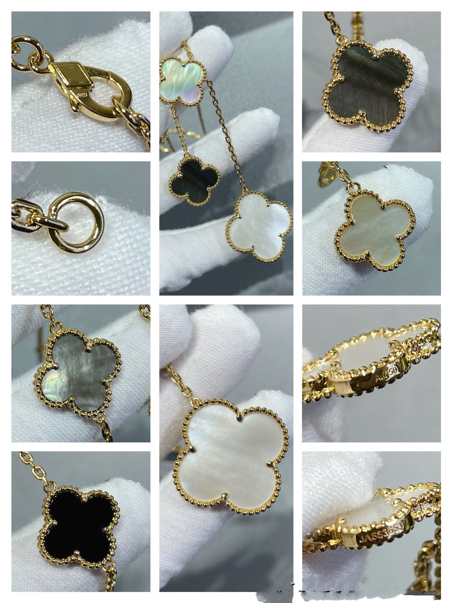 [Star Jewelry]CLOVER 6 MOTIF MOP ONYX GOLD NECKLACE