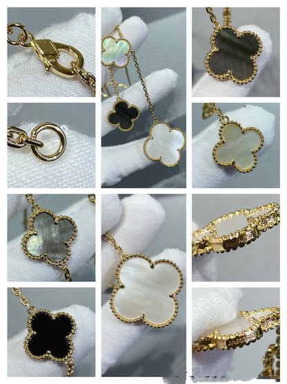 [Star Jewelry]CLOVER 6 MOTIF MOP ONYX GOLD NECKLACE