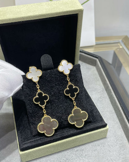 [Star Jewelry]CLOVER 3 MOTIF MOP ONYX DARK MOP PINK GOLD EARRINGS