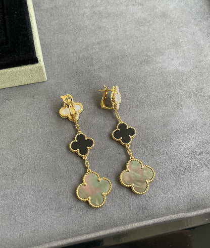 [Star Jewelry]CLOVER 3 MOTIF MOP ONYX DARK MOP PINK GOLD EARRINGS