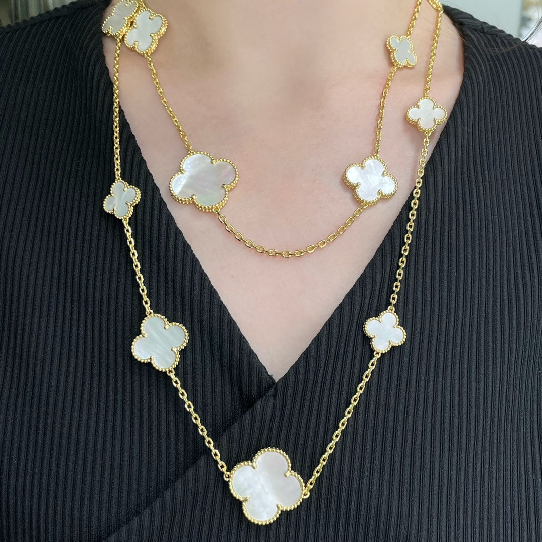 [Star Jewelry]CLOVER 16 MOTIF WHITE MOP GOLD NECKLACE