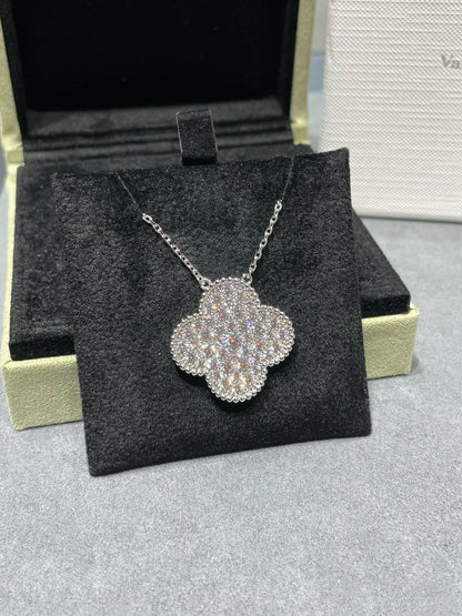 [Star Jewelry]CLOVER 25MM LARGE PENDANT DIAMOND PAVED SILVER NECKLACE
