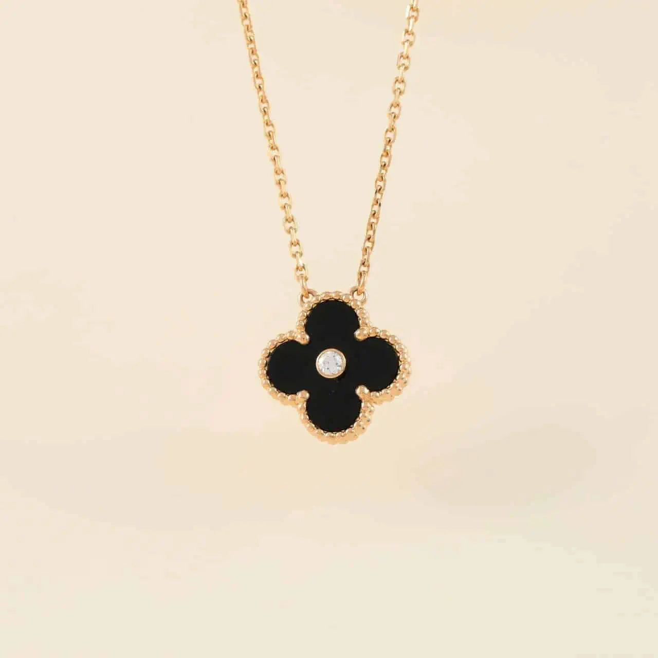 [Star Jewelry]CLOVER 15MM DIAMOND ONYX NECKLACE