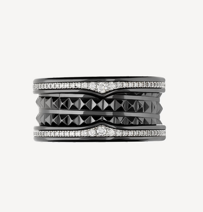 [Star Jewelry]ZERO 1 ROCK FOUR-BAND BLACK CERAMIC WITH STUDDED SPIRAL AND PAVED DIAMONDS RING