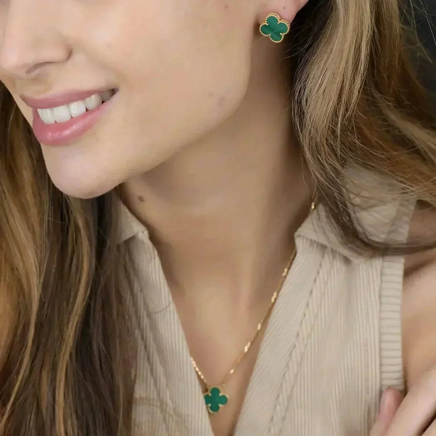 [Star Jewelry]CLOVER MINI 9.5MM MALACHITE  EARRINGS