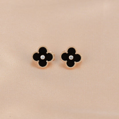 [Star Jewelry]CLOVER MEDIUM 1 MOTIFS ONYX DIAMOND EARRINGS