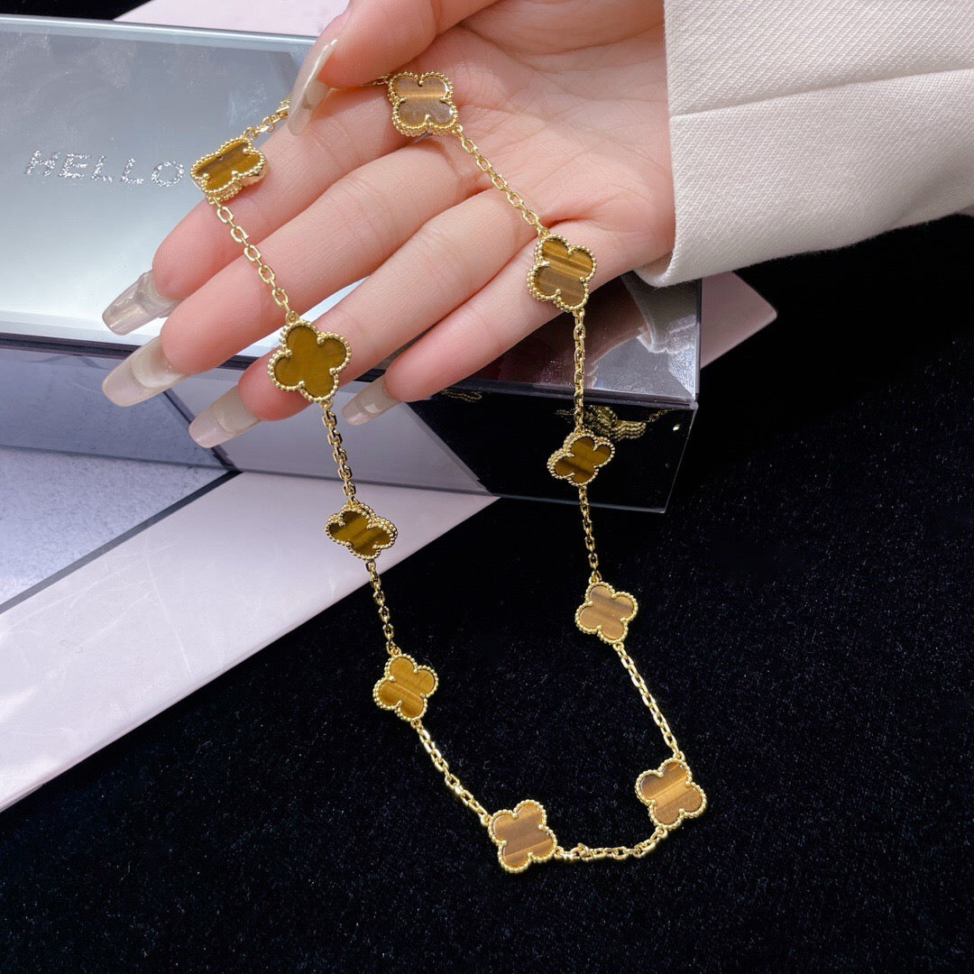 [Star Jewelry]CLOVER 10 MOTIFS TIGER EYE NECKLACE