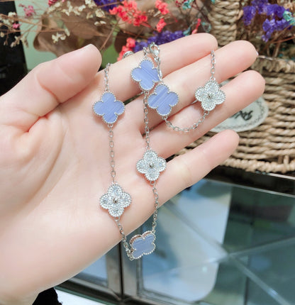 [Star Jewelry]CLOVER 10 MOTIFS CHALCEDONY DIAMONDS SILVER NECKLACE